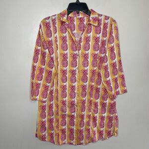 KATIA Cover-Up Womens S / M Pineapple Print Button-Up Tunic Top Linen Blend Pink